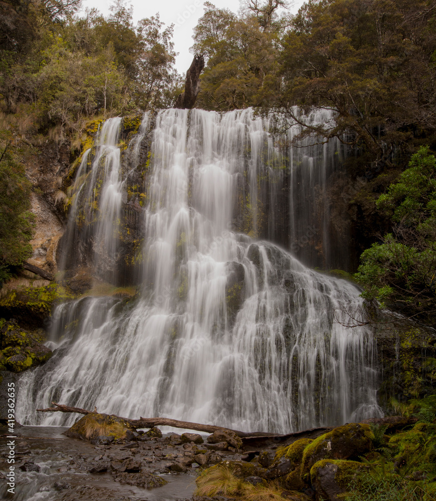 Beautiful, scenic, cascading, Bridal Veil Falls. Near Moina on the way to Cradle Mountain. Central Highlands of Tasmania, Australia.