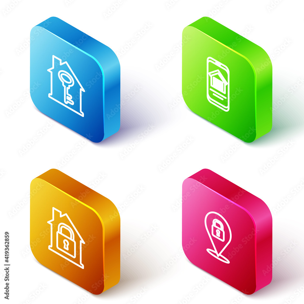 Set Isometric line House with key, Online real estate house, under protection and Location lock icon. Vector. Set Isometric line House with key, Online real estate house, under protection and Location lock icon. Vector.