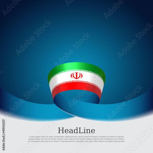 Iran flag background. State iranian patriotic banner, cover, business flyer. Wavy ribbon color flag of iran on a blue white background. National poster. Vector tricolor brochure design