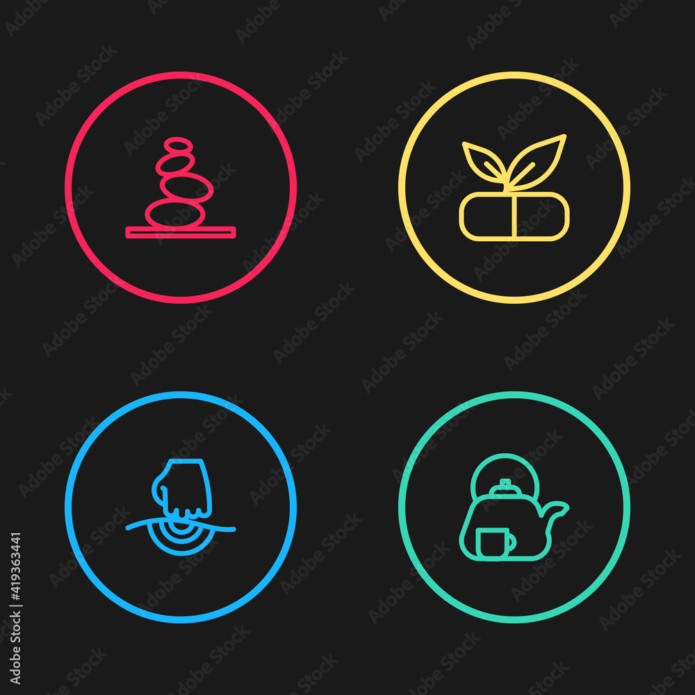 Set line Massage, Teapot with cup, Medical pill plant and Stack hot stones icon. Vector. Set line Massage, Teapot with cup, Medical pill plant and Stack hot stones icon. Vector.