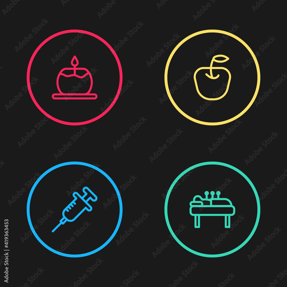 Set line Syringe, Acupuncture therapy, Apple and Aroma candle icon. Vector. Set line Syringe, Acupuncture therapy, Apple and Aroma candle icon. Vector.