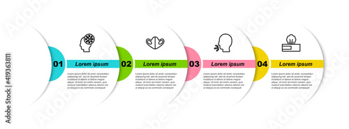 Set line Human and virus, Medical protective mask, Man coughing and Wet wipe pack. Business infographic template. Vector.