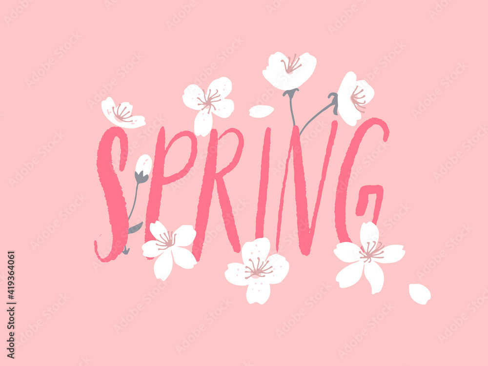Spring word decorated with white tree flowers on pink background. Cherry blossom card vector illustration.