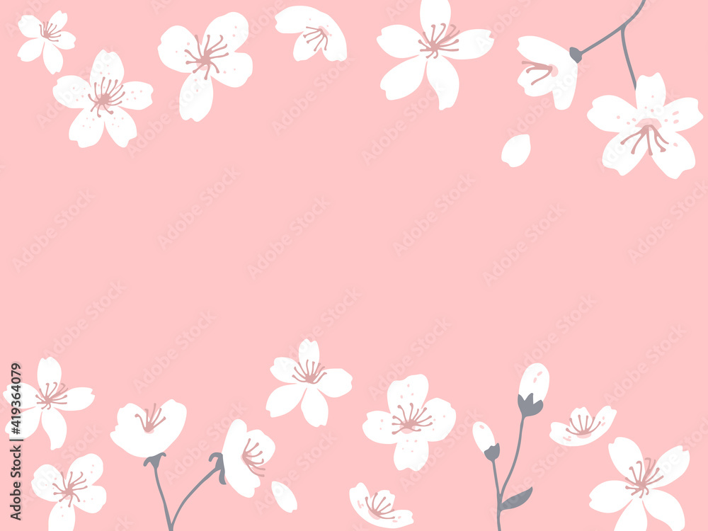 Spring blossom horizontal banner. Sakura flowers card vector illustration. Pink background with floral border. Spring blossom horizontal banner. Sakura flowers card vector illustration. Pink background with floral border.