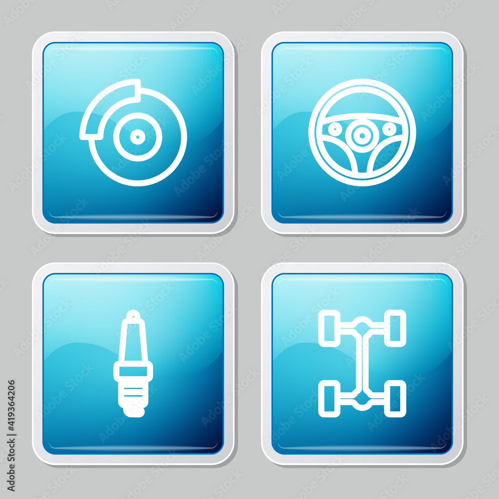 Set line Car brake disk with caliper, Steering wheel, spark plug and Chassis car icon. Vector.