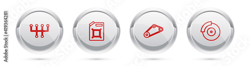Set line Gear shifter, Canister for gasoline, Timing belt kit and Car brake disk with caliper. Silver circle button. Vector.