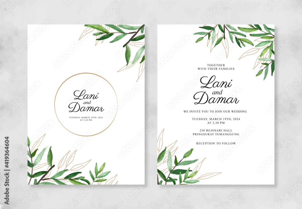 Minimalist wedding invitation template with watercolor foliage and line art