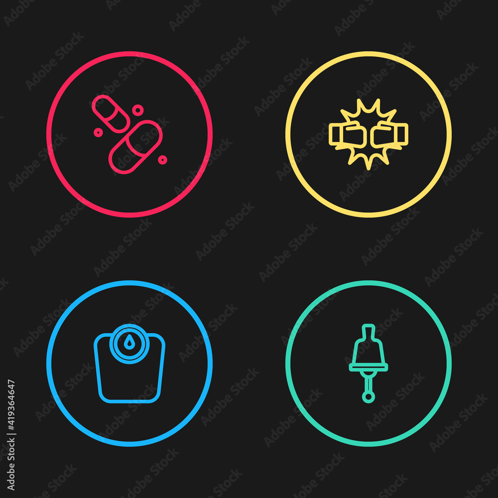 Set line Bathroom scales, Ringing bell, Punch boxing gloves and Vitamin pill icon. Vector. Set line Bathroom scales, Ringing bell, Punch boxing gloves and Vitamin pill icon. Vector.