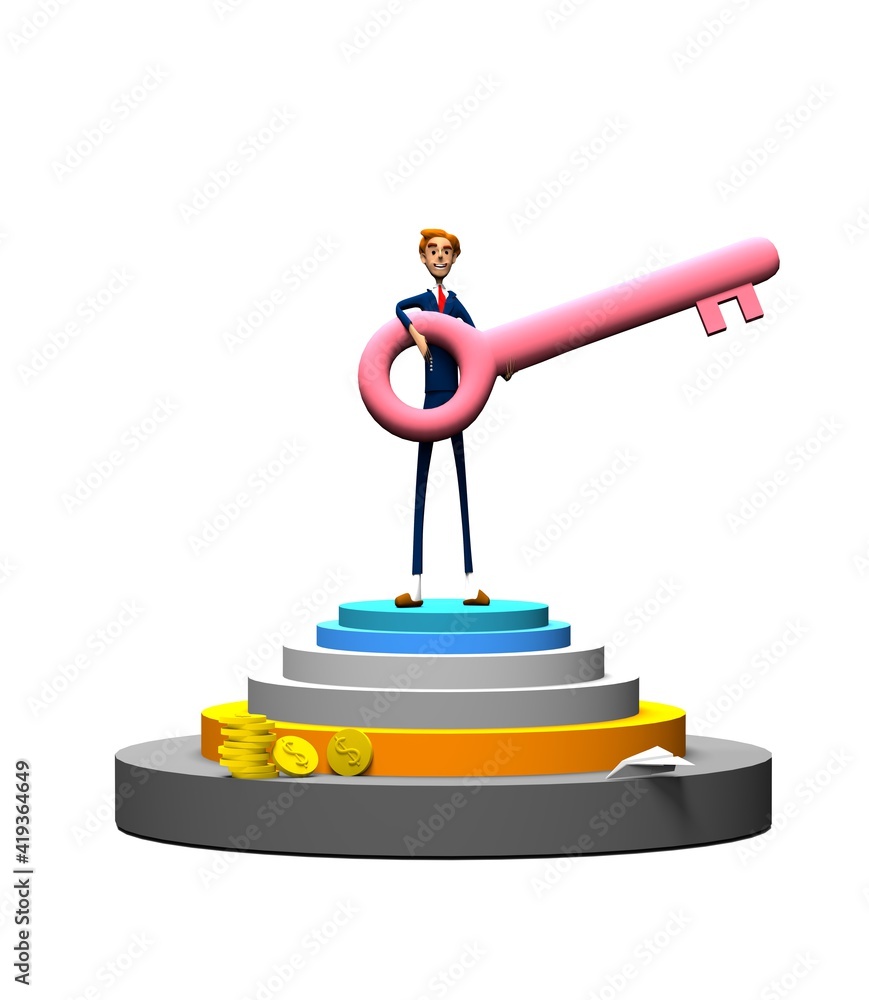 Business man standing with big key on a white background. 3d cartoon character illustration. Business man standing with big key on a white background. 3d cartoon character illustration.