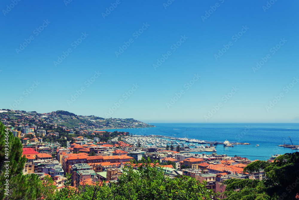 High angle view of the city of Sanremo. On the background Ligurian Sea. Copy space.