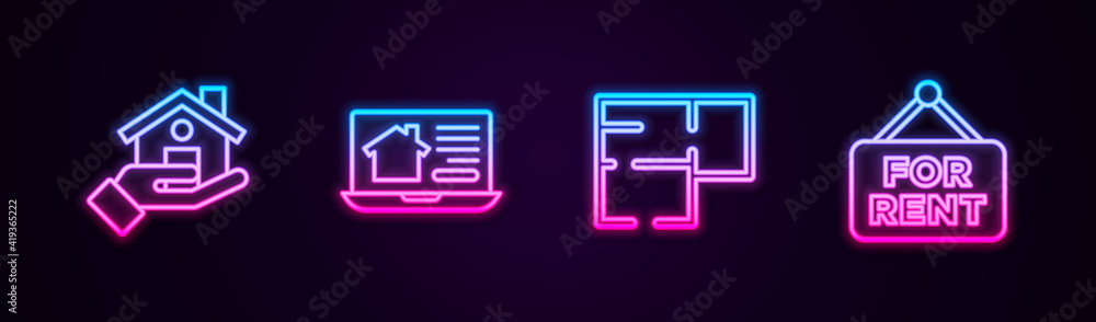 Set line Realtor, Online real estate house, House plan and Hanging sign with For Rent. Glowing neon icon. Vector. Set line Realtor, Online real estate house, House plan and Hanging sign with For Rent. Glowing neon icon. Vector.