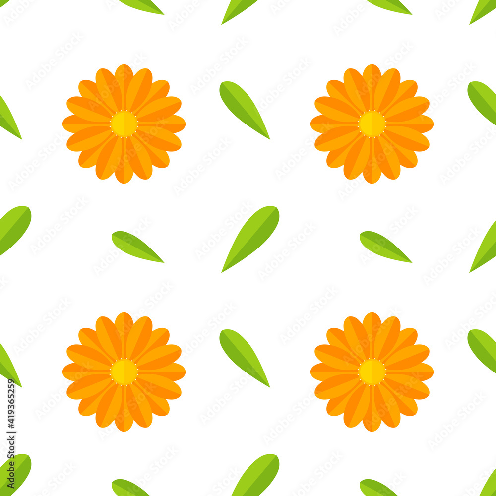 Orange herb Calendula flowers seamless pattern. Floral pattern for textile fabric. - obrazy, fototapety, plakaty 