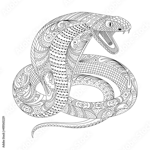 Clean lines doodle design of Cobra snake for adult coloring,T-Shirt design,Tattoo, children coloring book ,anti stress coloring book and so on - Stock Vector