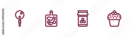 Set line Lollipop, Jar of honey, Cutting board and Cake icon. Vector.