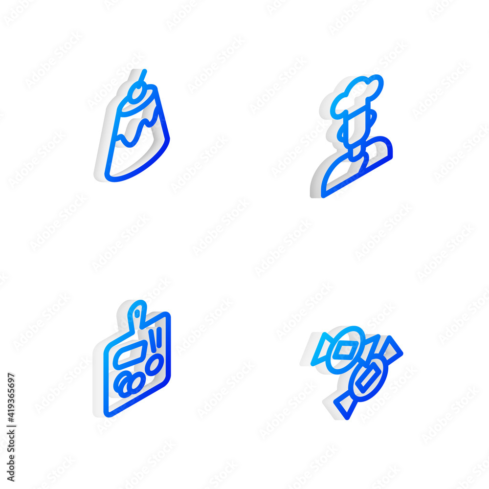 Set Isometric line Cook, Pudding custard, Cutting board and Candy icon. Vector.