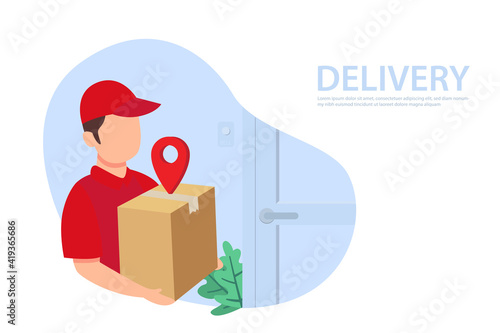 Online delivery services. Express delivery concept by courier and customer door to door. Vector illustration
