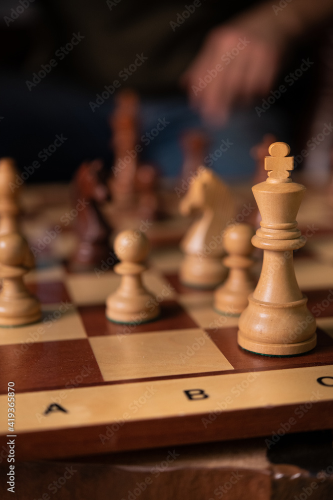 Wooden chess king on the game board Wooden chess king on the game board