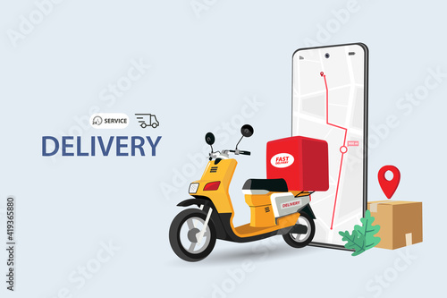 Food delivery app on a smartphone tracking a delivery on a moped with a ready meal, technology and logistics concept, city skyline in the background
