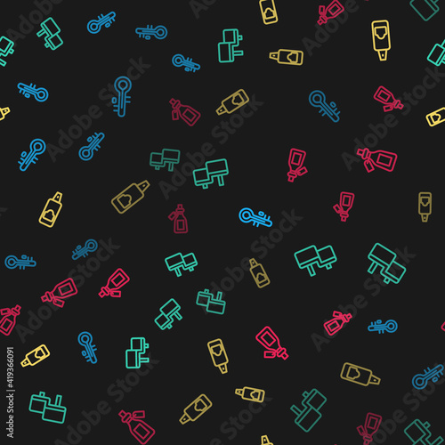 Set line Sauna thermometer, wood bench, Spray can for hairspray and Essential oil bottle on seamless pattern. Vector.