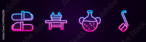 Set line Sauna slippers, bench with bucket, Essential oil bottle and ladle. Glowing neon icon. Vector.