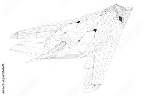 Wireframe of a modern fighter jet from black lines on a white background. Back view. 3D. Vector illustration