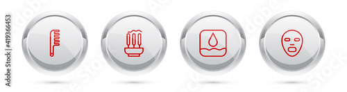 Set line Hairbrush, Incense sticks, Water drop and Facial cosmetic mask. Silver circle button. Vector.