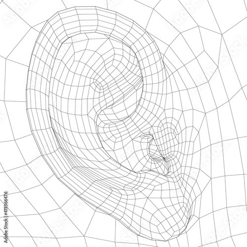 Wireframe model of the human ear. Side view. 3D. Vector illustration