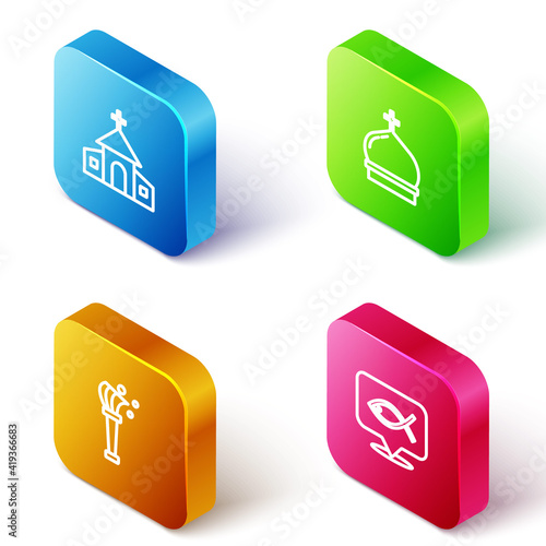 Set Isometric line Church building, tower, Aspergillum and Christian fish icon. Vector.