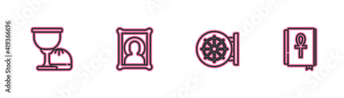 Set line Holy grail or chalice, Dharma wheel, Christian icon and Cross ankh book icon. Vector.