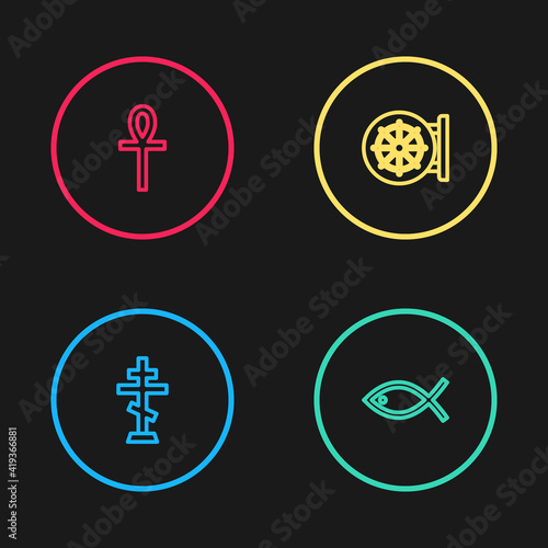 Set line Christian cross, fish, Dharma wheel and Cross ankh icon. Vector.