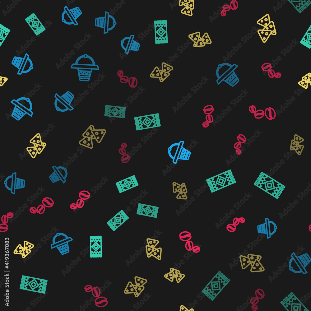 Set line Mexican sombrero, carpet, Nachos and Coffee beans on seamless pattern. Vector. Set line Mexican sombrero, carpet, Nachos and Coffee beans on seamless pattern. Vector.
