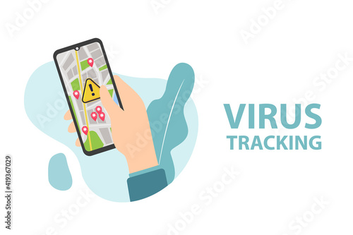 illustration of hand holding a smartphone and opening a location tracking application for people infected with the corona virus. Corona virus outbreak information application. flat design.
