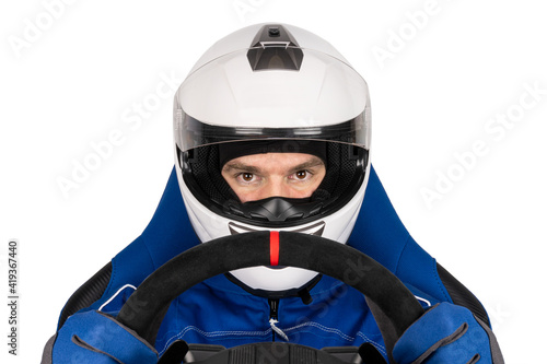 race or rallye driver blue overall suit with steering wheel and crash helmet in racing seat isolated  white background. motorsport esports simracing concept.