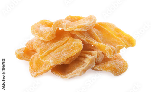 Sweet dried jackfruit slices on white background