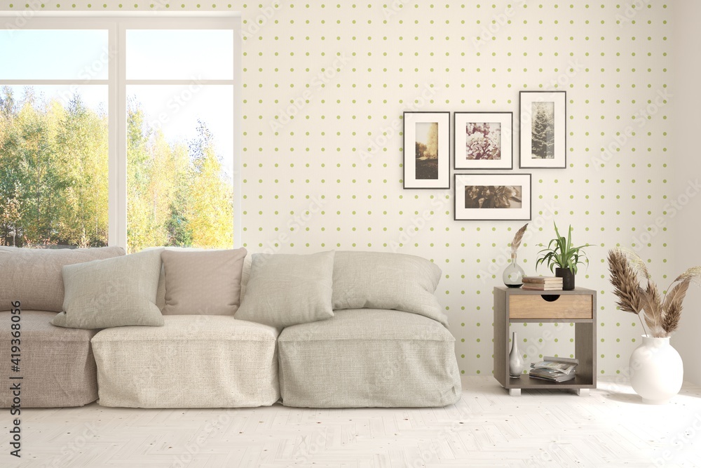 Fototapeta premium Stylish room in white color with sofa and autumn landscape in window. Scandinavian interior design. 3D illustration