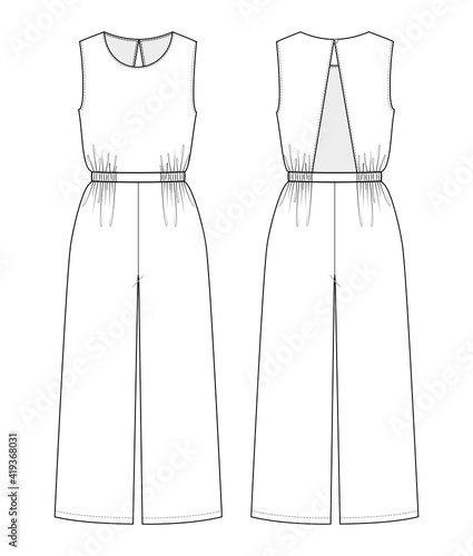 Fashion technical drawing of women's jumpsuit with open back