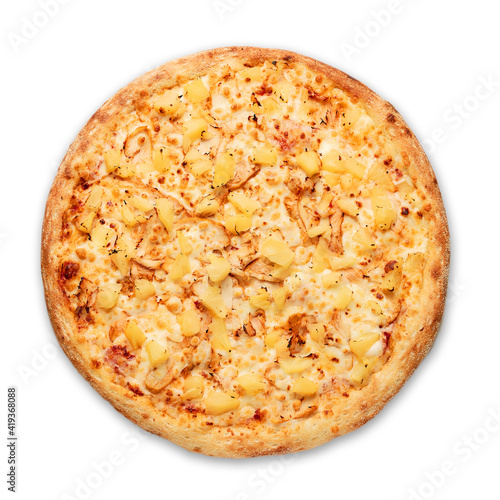 Pizza with sausages and red onion on a white background. Top view.Very high quality photo.