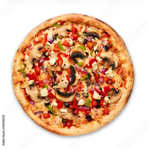 Pizza with sausages and red onion on a white background. Top view.Very high quality photo.