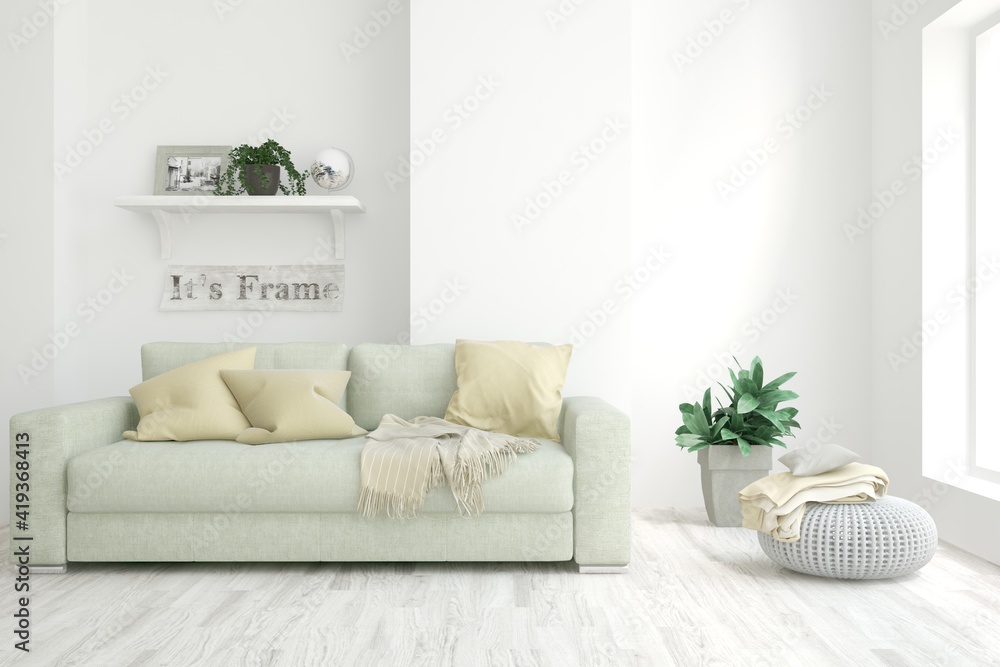 Fototapeta premium White living room with sofa. Scandinavian interior design. 3D illustration