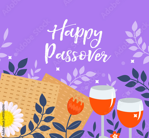 Passover greeting card, poster, invitation, flyer. Pesach template for your design with matzah and spring flowers. Happy Passover inscription. Jewish holiday background. Vector illustration