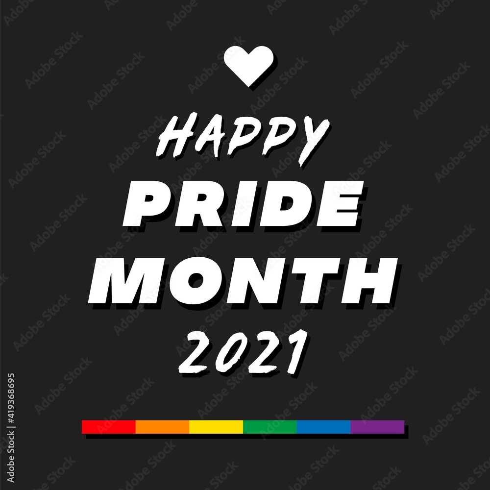 Fototapeta premium Pride month 2021 logo card with minority flag.Banner Love is love.Rainbow Pride symbol with heart,LGBT,sexual minorities,gays and lesbians.Designer sign,logo,icon:colorful rainbow in background.Vector