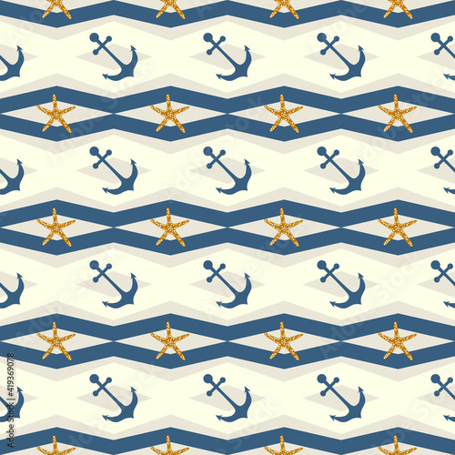 Nautical seamless pattern with anchor and starfish on a zigzag, chevron geometric background graphic design.  Pattern in swatch