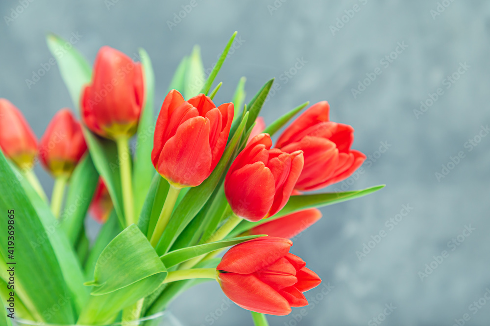 Bouquet of red tulips in a vase on a gray background. Bouquet of red tulips in a vase on a gray background.