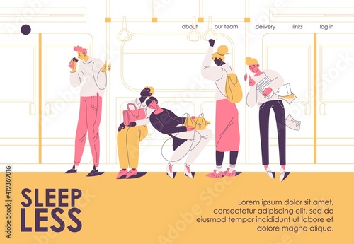 Landing page with people in subway with insomnia. Lack of sleep concept illustration drawn in yellow and pink in outline style