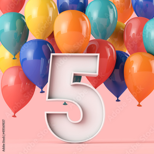 Happy 5th birthday background with colourful balloons. 3D Rendering