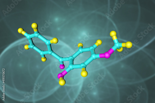 Molecular model of oxybenzone or benzophenone-3, an organic compound used in plastics as an ultraviolet light absorber and stabilizer, in sunscreens, hair sprays and cosmetics. 3d illustration photo