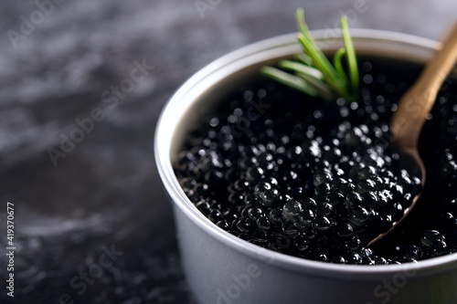 Fish black caviar on a dark stone
