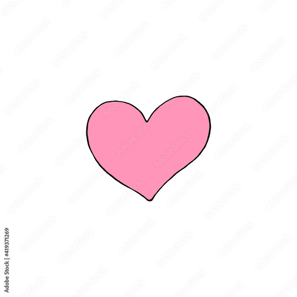 Simple hand drawn decorative heart isolated on white background. Pattern of dots and lines, pink and yellow. Design element. Template for creativity for children, preschool education