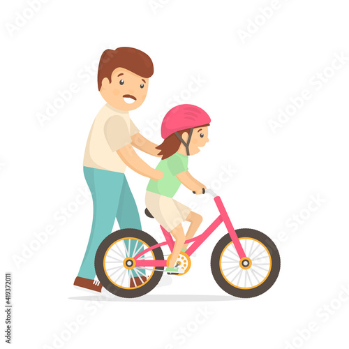 Father teaching daughter to ride bike. Caring dad help his little child riding bicycle. Parenting lovely concept. Small happy girl on her first pink bike. Vector family illustration isolated on white.