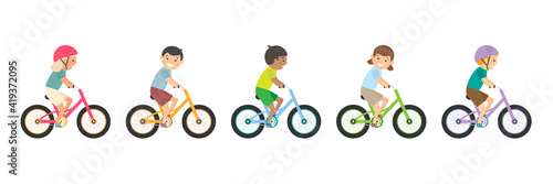 Cute happy children riding bicycles. Different kids ride bikes. Healthy lifestyle. Sport vehicles competition concept. Vector illustration isolated on white